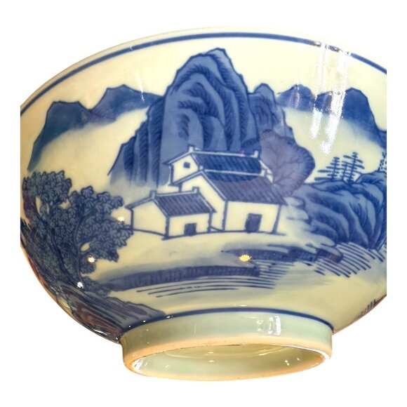 Vintage Chinese Blue/White Porcelain Bowl Mountains Water Home Fisherman - Picture 5 of 9